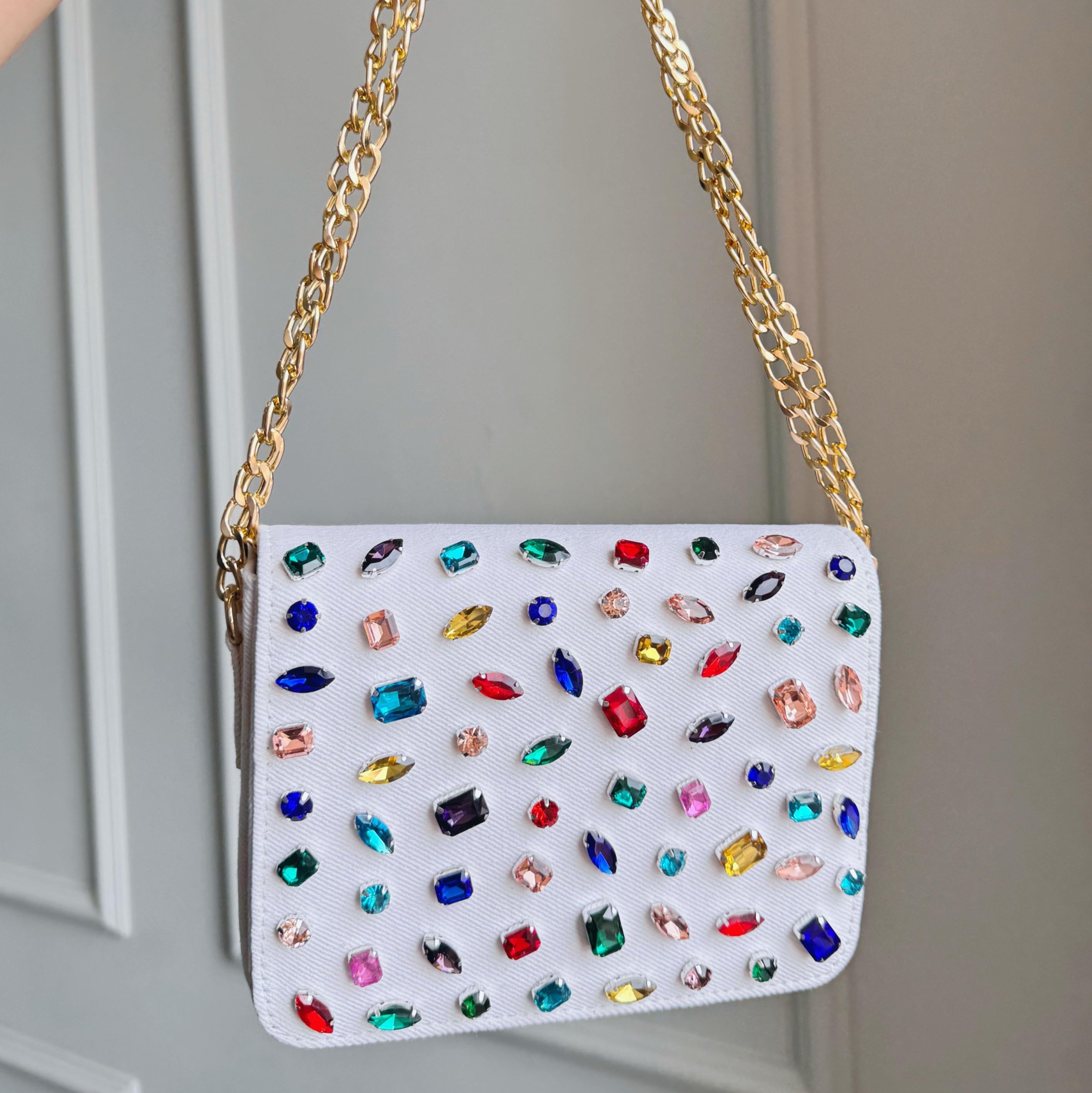 Premium Crystal Gemstone Denim Flap Sling Bag