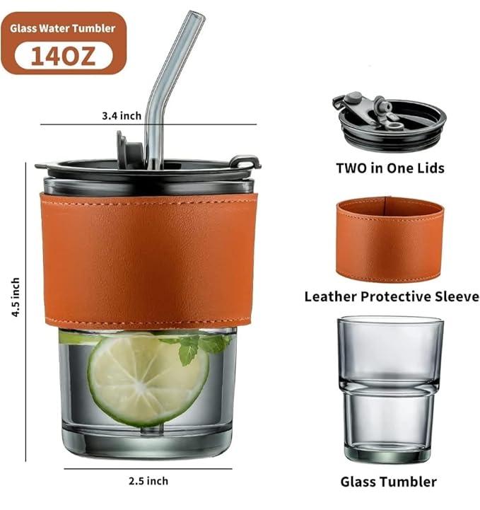 Personalised Premium Leather Sleeve Glass Coffee Tumbler with Glass Straw