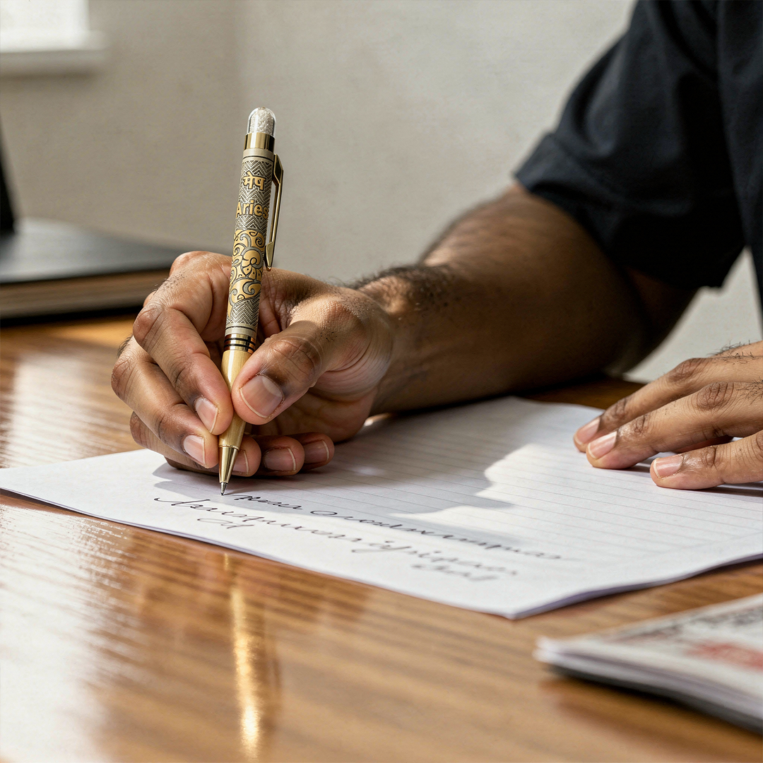 Personalised Aries / मेष Zodiac Engraved Premium Metal Twist Ball Pen with Crystal Top - The Gifting Era