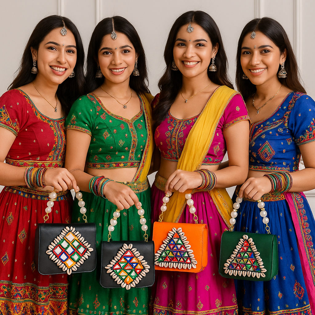 Designer Navratri Special Handcrafted Macro Bag – Multi-Mirror Embroidery, Cowrie Shell Edging & Pearl Handle Sling