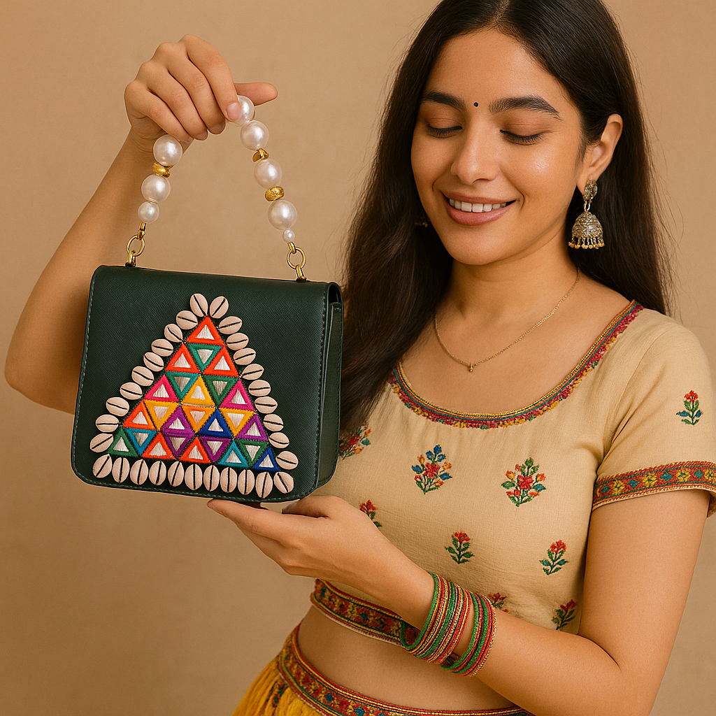 Designer Navratri Special Handcrafted Macro Bag – Multi-Mirror Embroidery, Cowrie Shell Edging & Pearl Handle Sling
