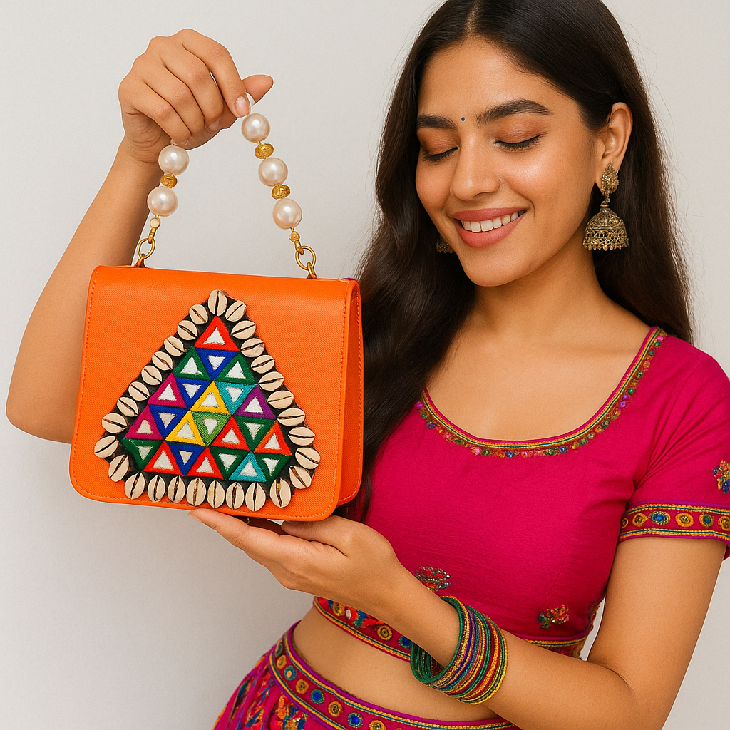 Designer Navratri Special Handcrafted Macro Bag – Multi-Mirror Embroidery, Cowrie Shell Edging & Pearl Handle Sling