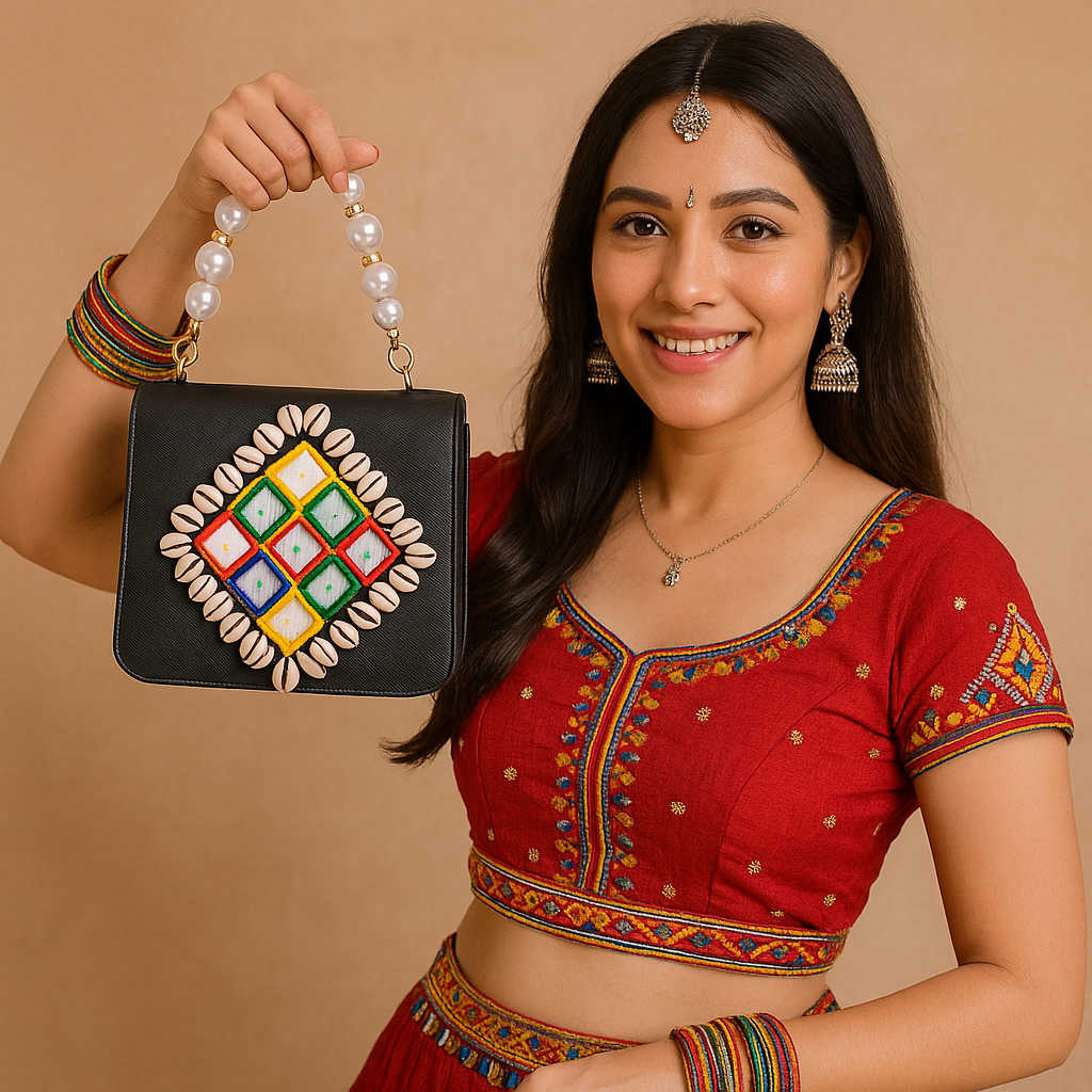 Designer Navratri Special Handcrafted Macro Bag – Multi-Mirror Embroidery, Cowrie Shell Edging & Pearl Handle Sling