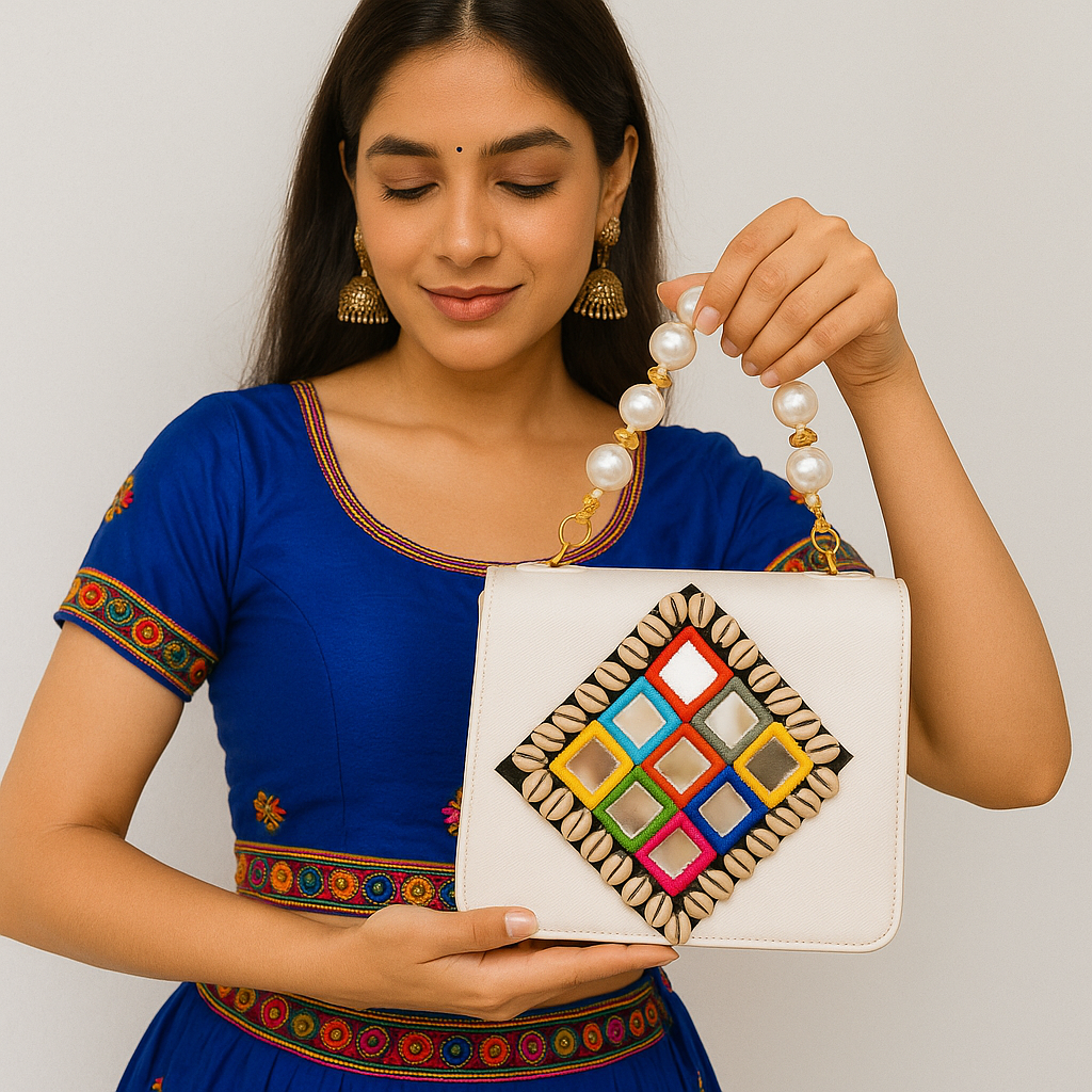 Designer Navratri Special Handcrafted Macro Bag – Multi-Mirror Embroidery, Cowrie Shell Edging & Pearl Handle Sling
