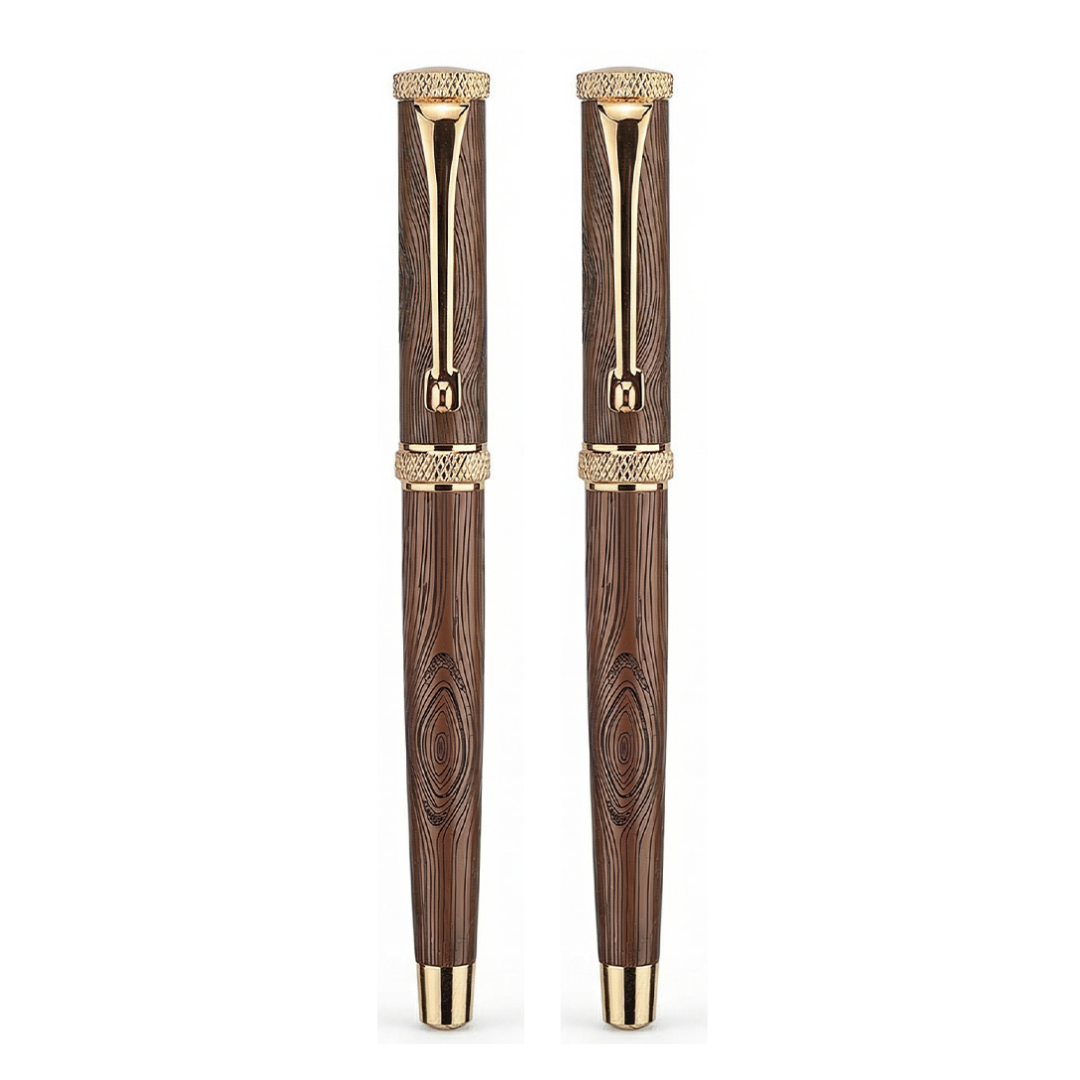 Woodwright Limited Edition Wooden Textured Metallic Fountain Pen - Chocolate Brown Gold - The Gifting Era