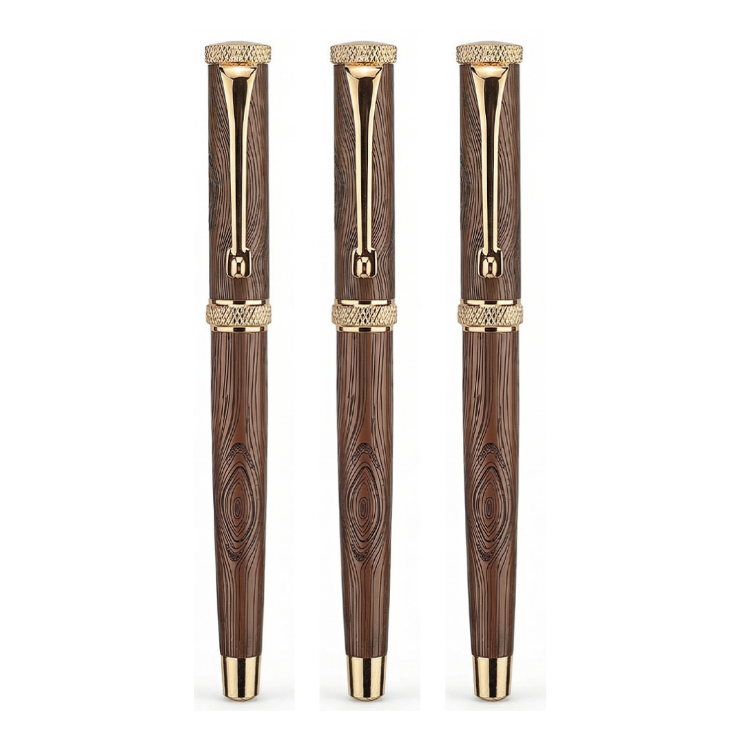 Woodwright Limited Edition Wooden Textured Metallic Fountain Pen - Chocolate Brown Gold - The Gifting Era