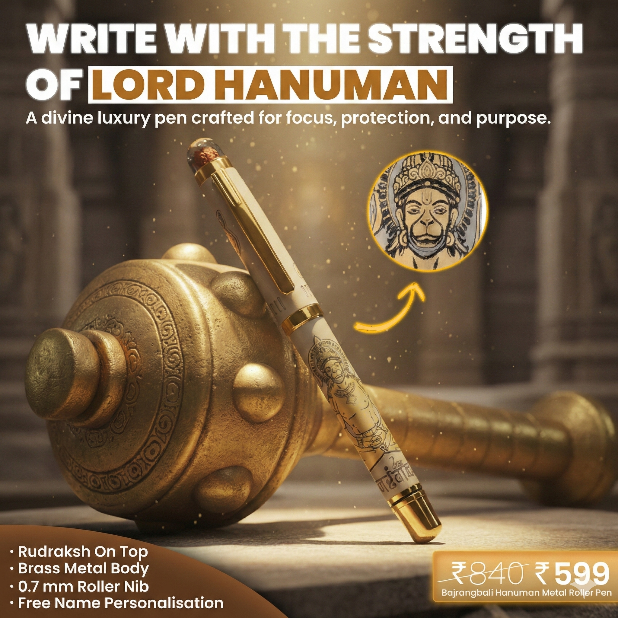 Personalised Sacred Lord Bajrangbali Hanuman Metal Roller Pen with Rudraksh Bead Embed - The Gifting Era