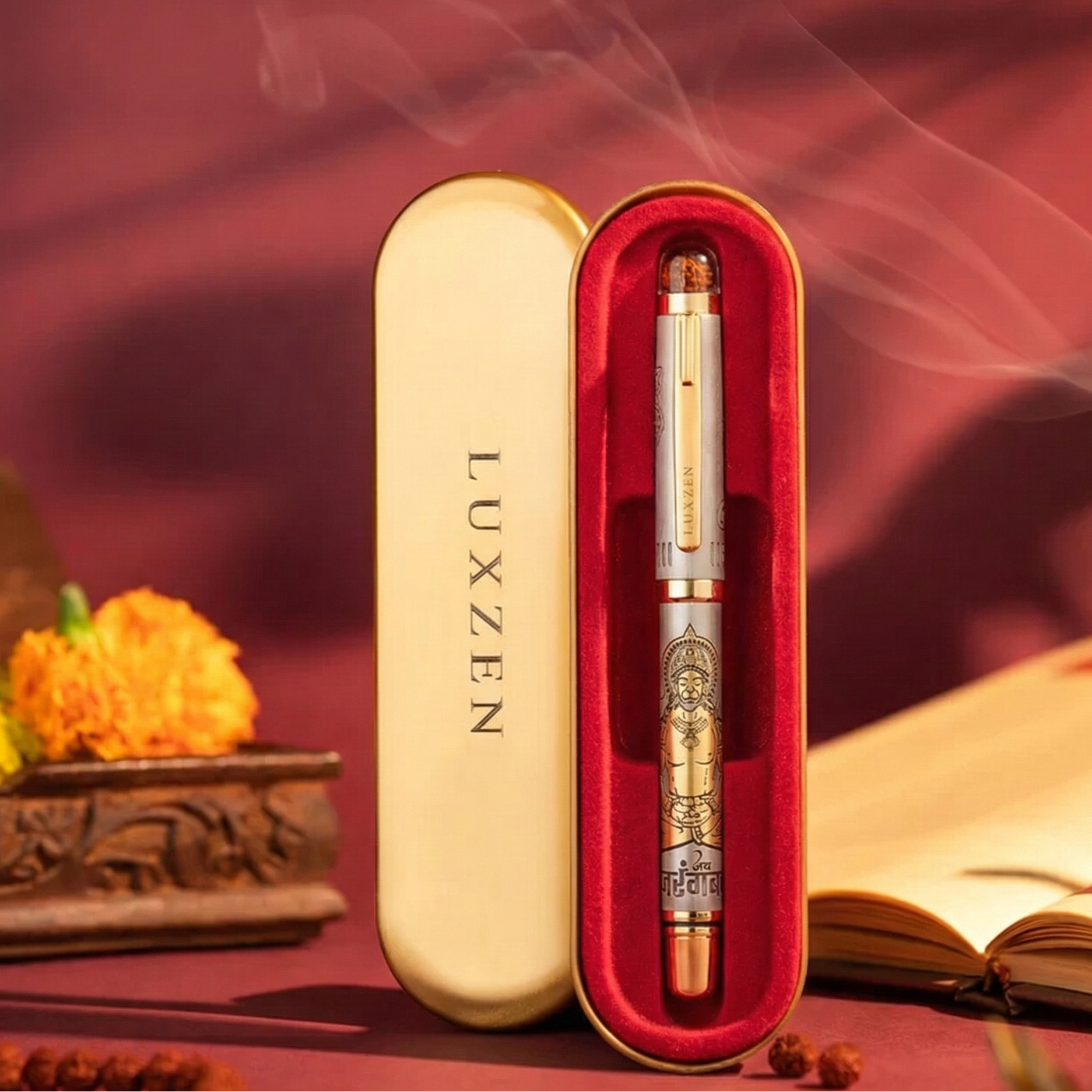 Personalised Sacred Lord Bajrangbali Hanuman Metal Roller Pen with Rudraksh Bead Embed - The Gifting Era