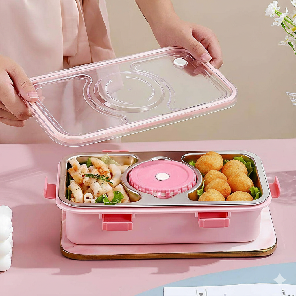 Personalised 3 Compartment Stainless Steel Bento Leakproof 750 Ml Lunch Box with Steel Spoon & Chopstick
