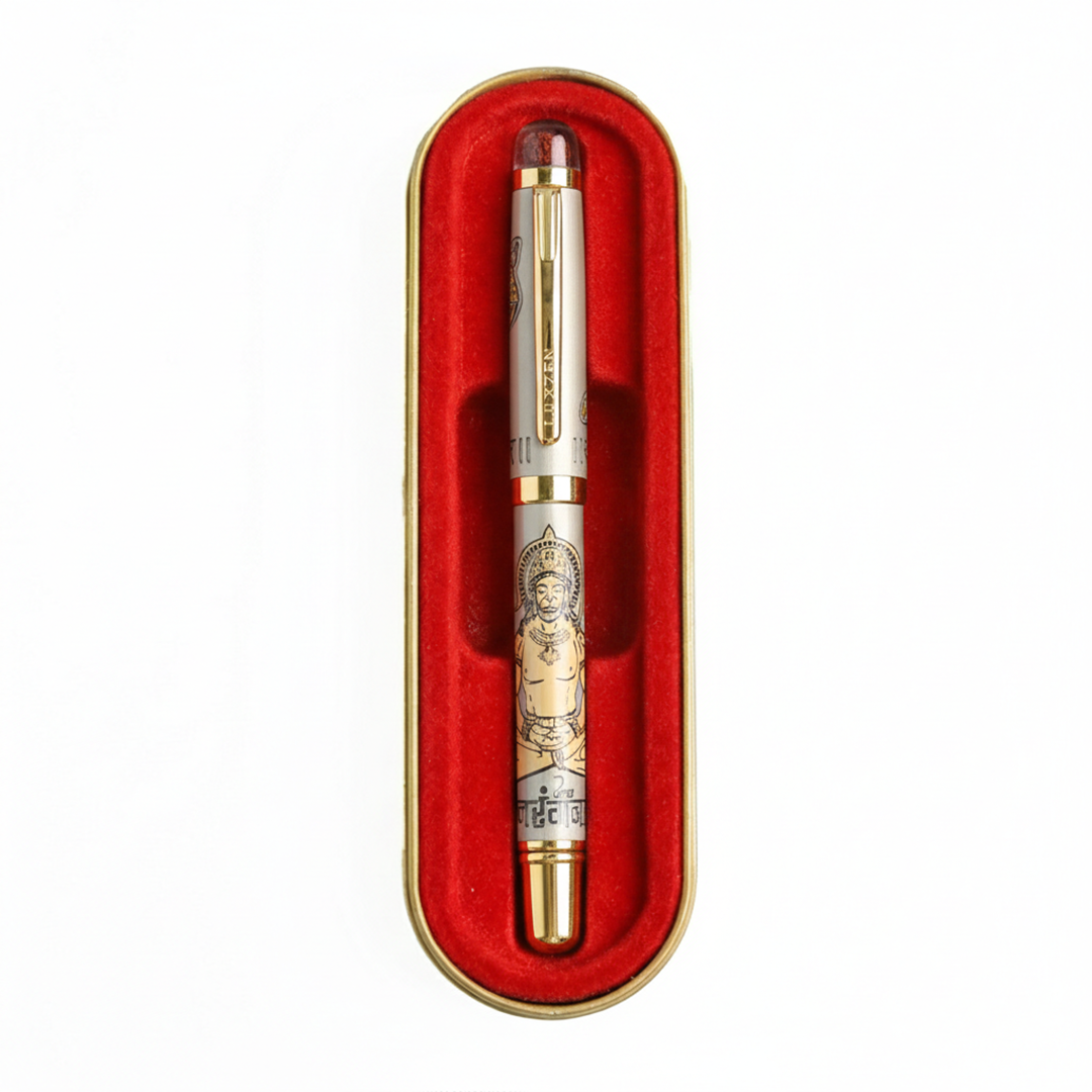 Personalised Sacred Lord Bajrangbali Hanuman Metal Roller Pen with Rudraksh Bead Embed - The Gifting Era
