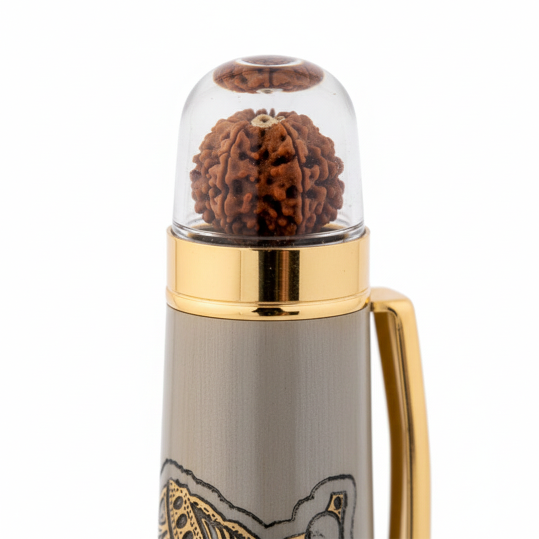 Personalised Sacred Lord Bajrangbali Hanuman Metal Roller Pen with Rudraksh Bead Embed - The Gifting Era