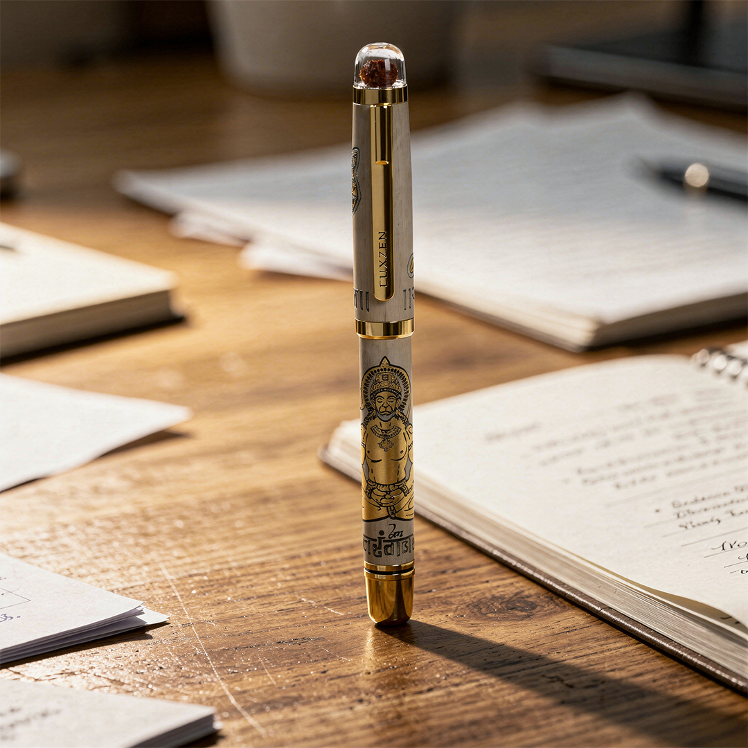 Personalised Sacred Lord Bajrangbali Hanuman Metal Roller Pen with Rudraksh Bead Embed - The Gifting Era