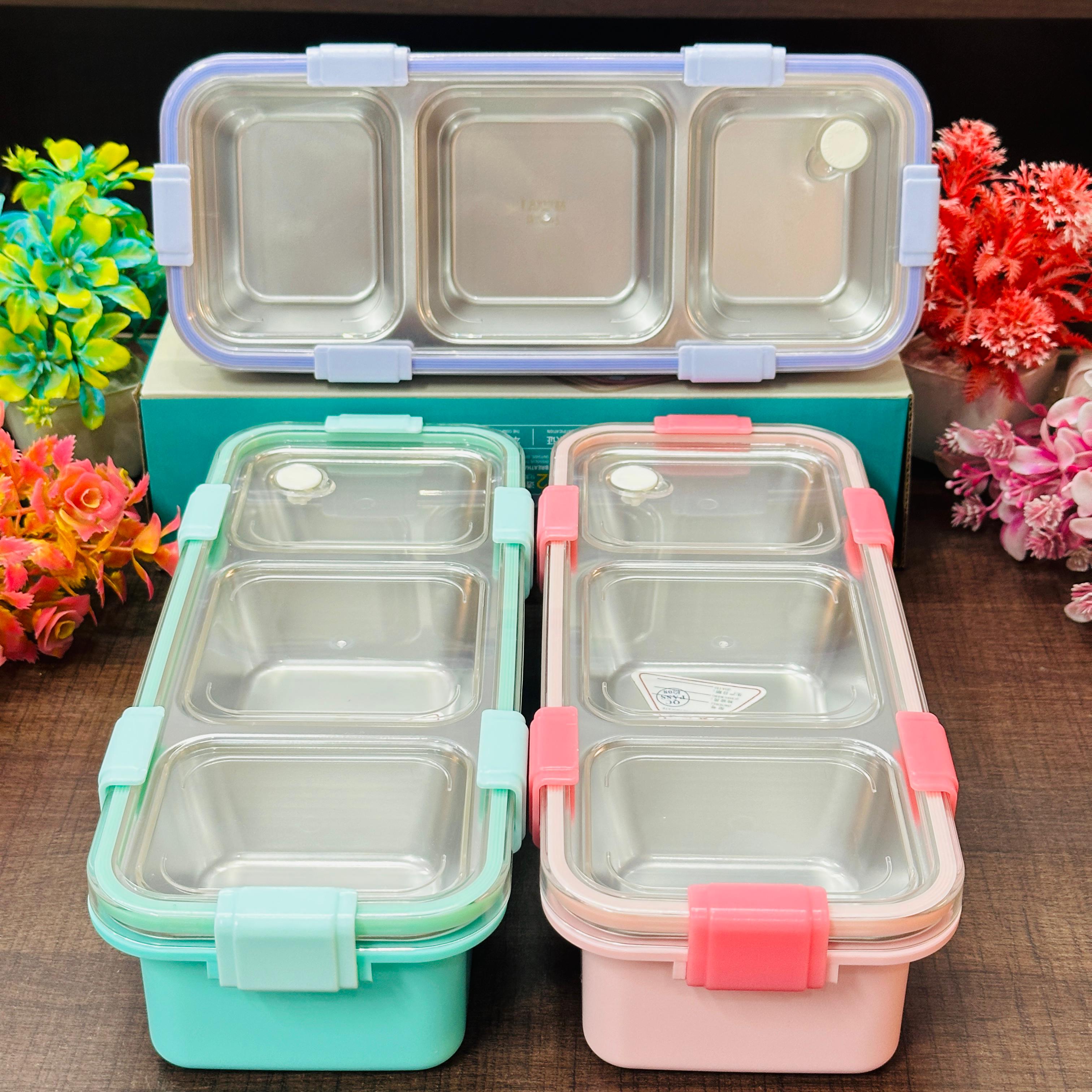 Personalised 3 Compartment Stainless Steel Bento Leakproof Lunch Box with Steel Spoon & Chopstick
