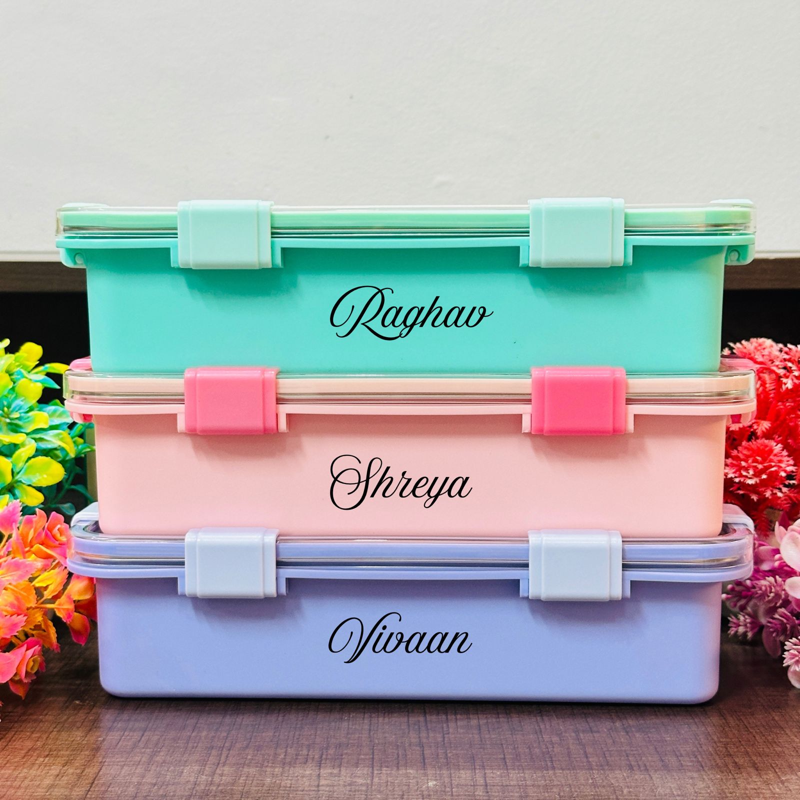 Personalised 3 Compartment Stainless Steel Bento Leakproof Lunch Box with Steel Spoon & Chopstick