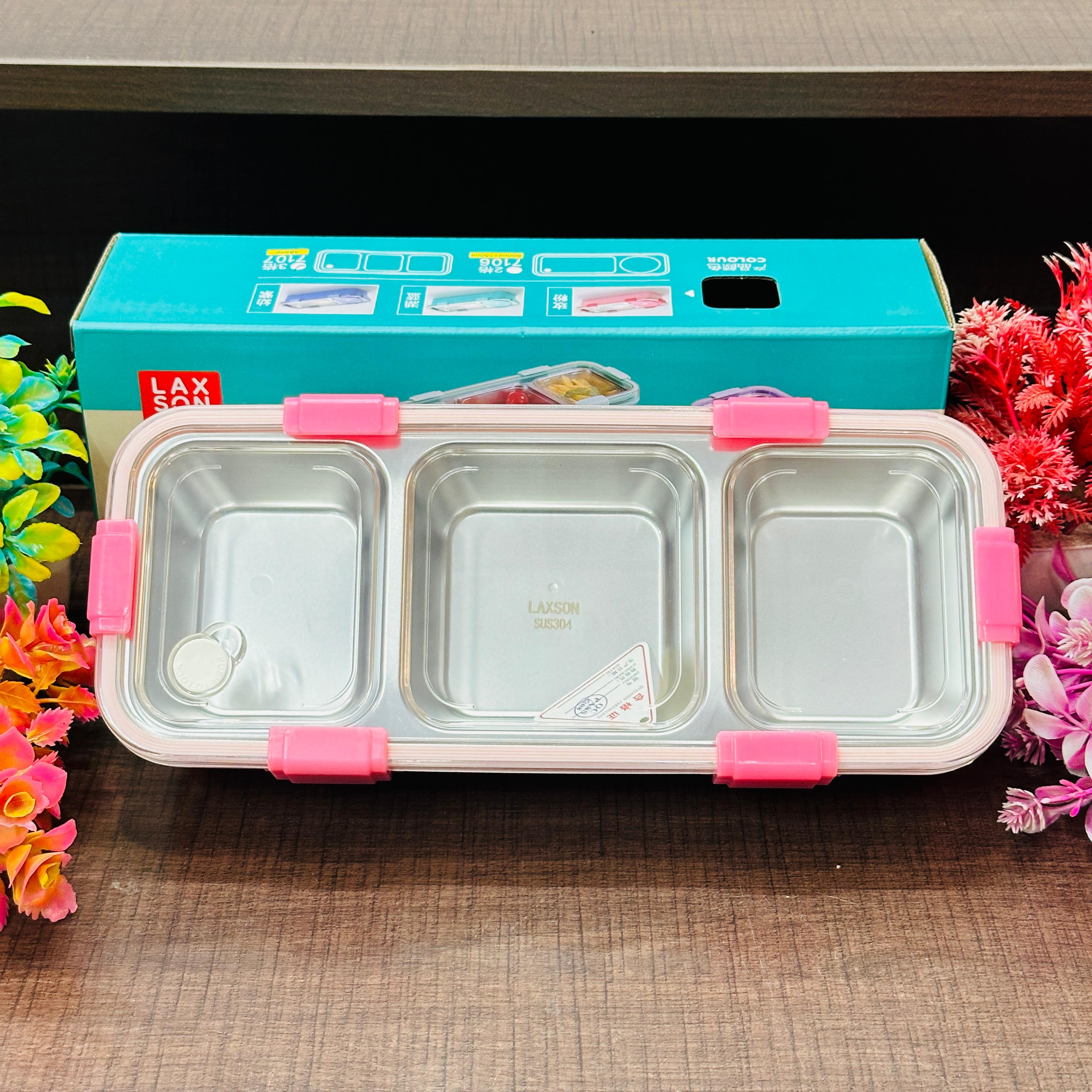 Personalised 3 Compartment Stainless Steel Bento Leakproof Lunch Box with Steel Spoon & Chopstick