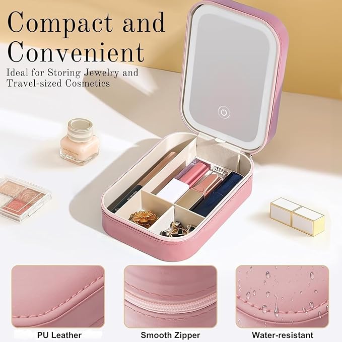 Personalised Monogram Jewellery & Makeup Organiser Vanity Box with Rechargeable Touch Sensor Led Mirror - 3 Light Mode - The Gifting Era