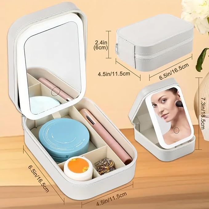 Personalised Monogram Jewellery & Makeup Organiser Vanity Box with Rechargeable Touch Sensor Led Mirror - 3 Light Mode - The Gifting Era