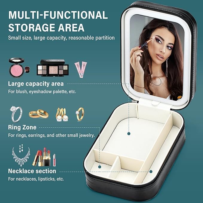 Personalised Monogram Jewellery & Makeup Organiser Vanity Box with Rechargeable Touch Sensor Led Mirror - 3 Light Mode - The Gifting Era