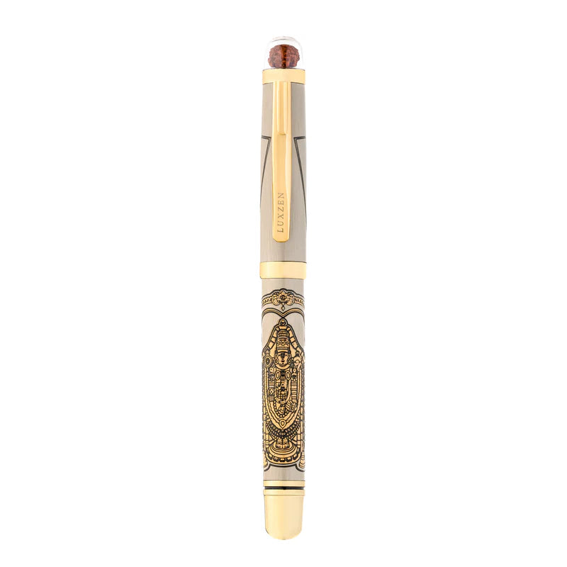 Personalised Sacred Lord Tirupati Balaji Metal Roller Pen with Rudraksh Bead Embed - The Gifting Era
