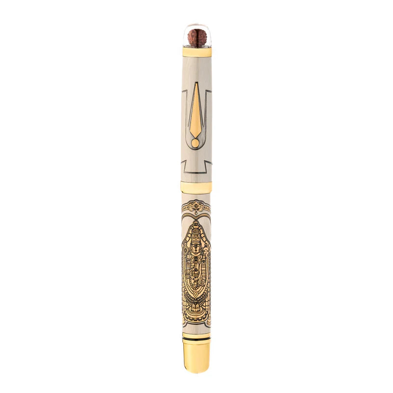 Personalised Sacred Lord Tirupati Balaji Metal Roller Pen with Rudraksh Bead Embed - The Gifting Era