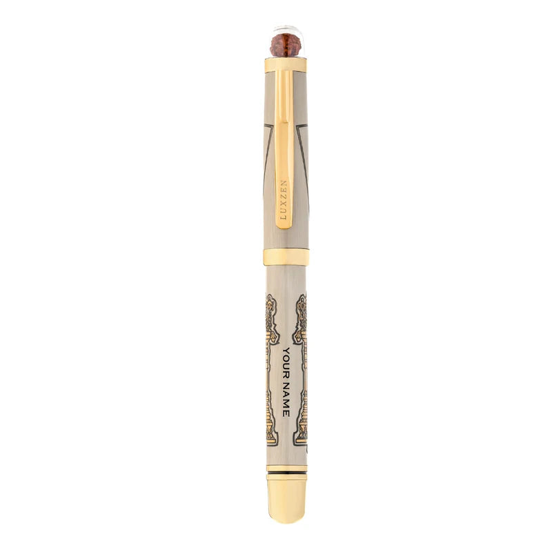 Personalised Sacred Lord Tirupati Balaji Metal Roller Pen with Rudraksh Bead Embed - The Gifting Era