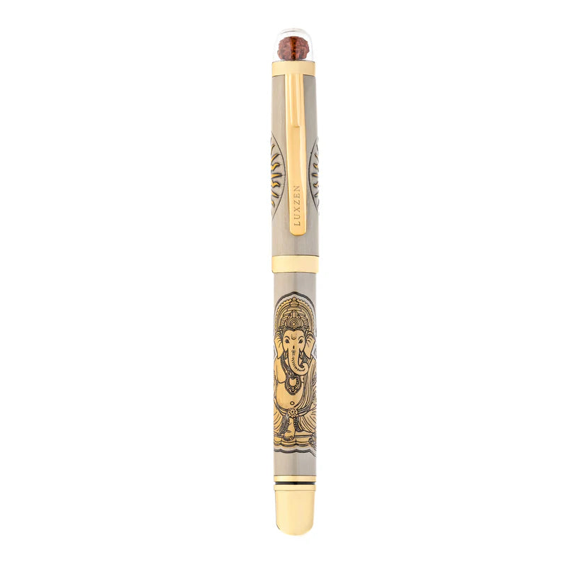 Personalised Sacred Lord Ganeshji Metal Roller Pen with Rudraksh Bead Embed - The Gifting Era