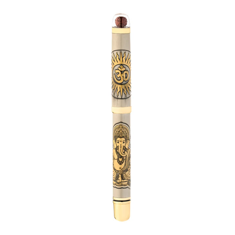 Personalised Sacred Lord Ganeshji Metal Roller Pen with Rudraksh Bead Embed - The Gifting Era