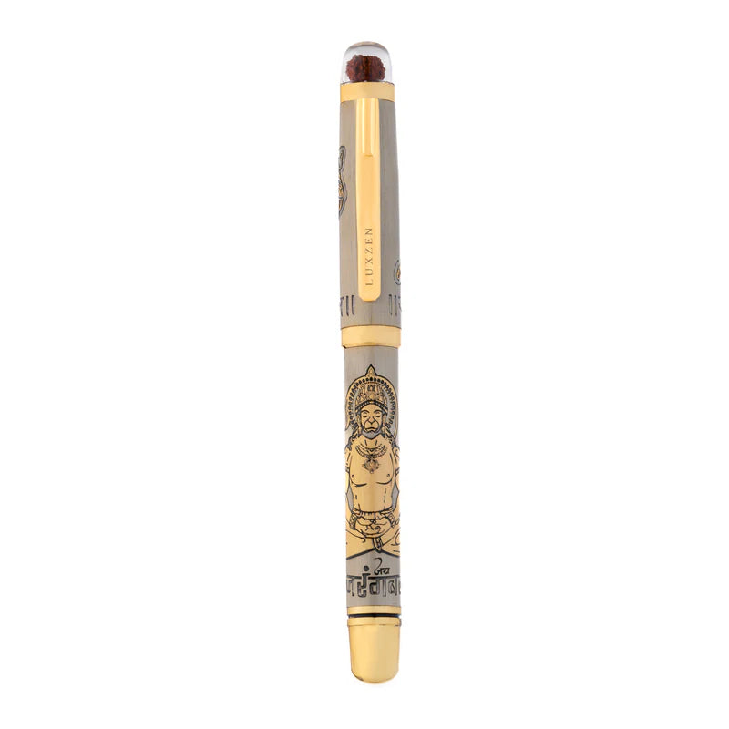 Personalised Sacred Lord Bajrangbali Hanuman Metal Roller Pen with Rudraksh Bead Embed - The Gifting Era