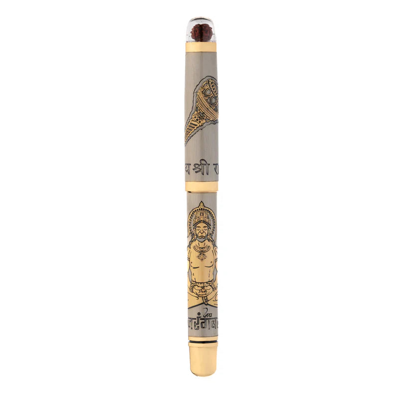 Personalised Sacred Lord Bajrangbali Hanuman Metal Roller Pen with Rudraksh Bead Embed - The Gifting Era
