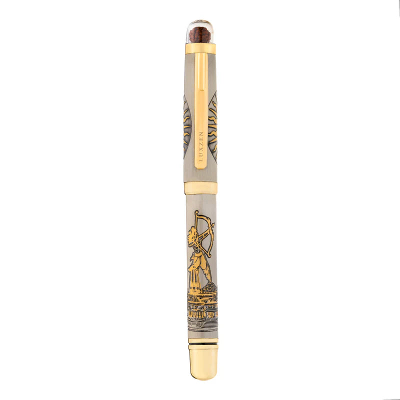 Personalised Sacred Lord Jai Shree Ram Ayodhya Metal Roller Pen with Rudraksh Bead Embed - The Gifting Era