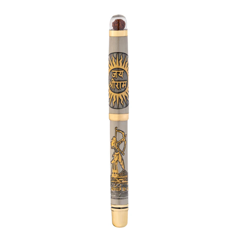 Personalised Sacred Lord Jai Shree Ram Ayodhya Metal Roller Pen with Rudraksh Bead Embed - The Gifting Era
