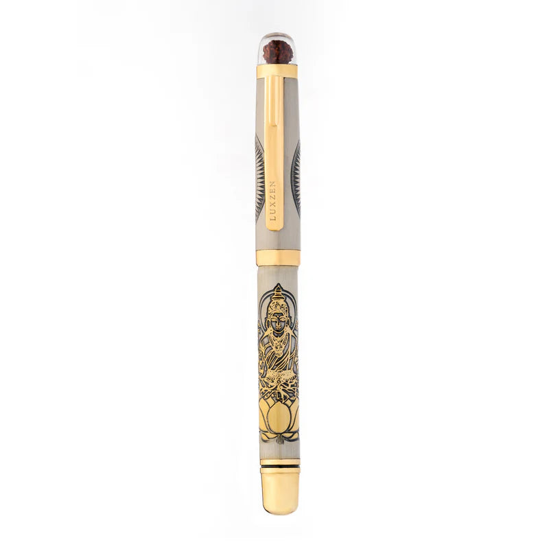 Personalised Sacred Lord Maha Laxmiji Metal Roller Pen with Rudraksh Bead Embed - The Gifting Era