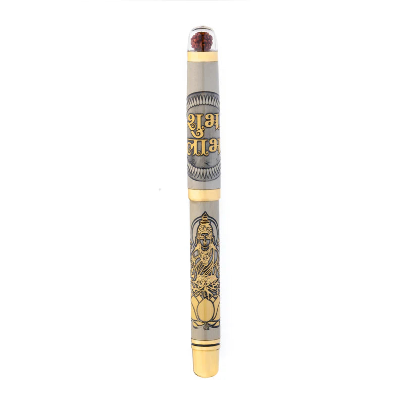 Personalised Sacred Lord Maha Laxmiji Metal Roller Pen with Rudraksh Bead Embed - The Gifting Era