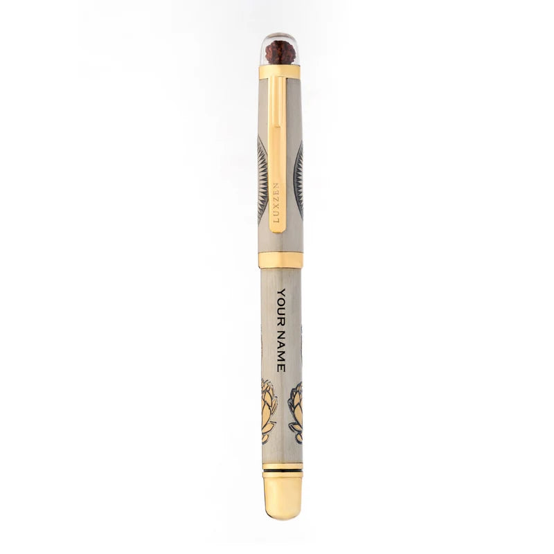 Personalised Sacred Lord Maha Laxmiji Metal Roller Pen with Rudraksh Bead Embed - The Gifting Era