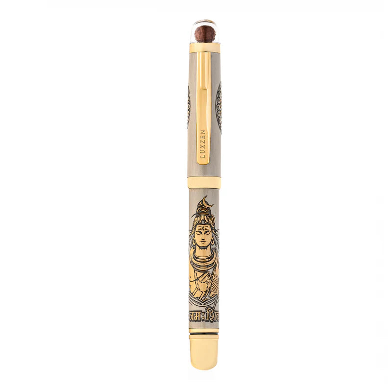 Personalised Sacred Lord Shankar Mahadev Metal Roller Pen with Rudraksh Bead Embed - The Gifting Era