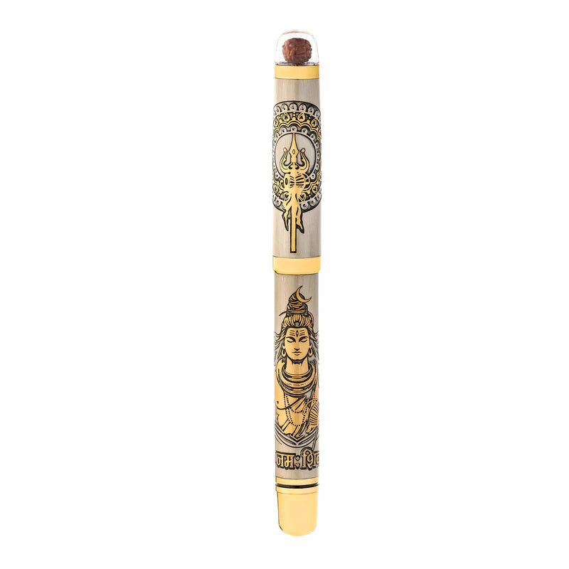 Personalised Sacred Lord Shankar Mahadev Metal Roller Pen with Rudraksh Bead Embed - The Gifting Era