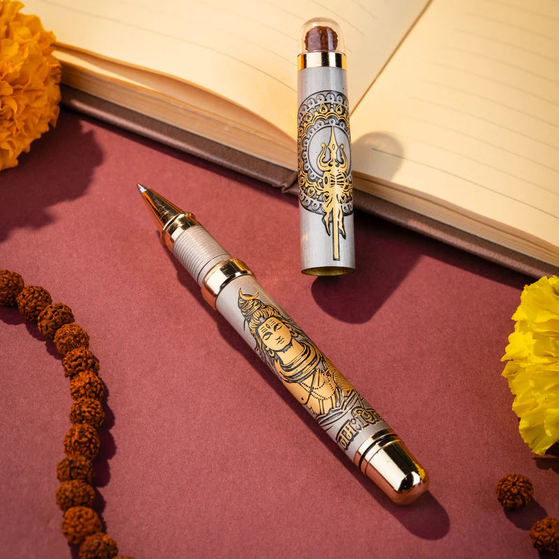 Personalised Sacred Lord Shankar Mahadev Metal Roller Pen with Rudraksh Bead Embed - The Gifting Era