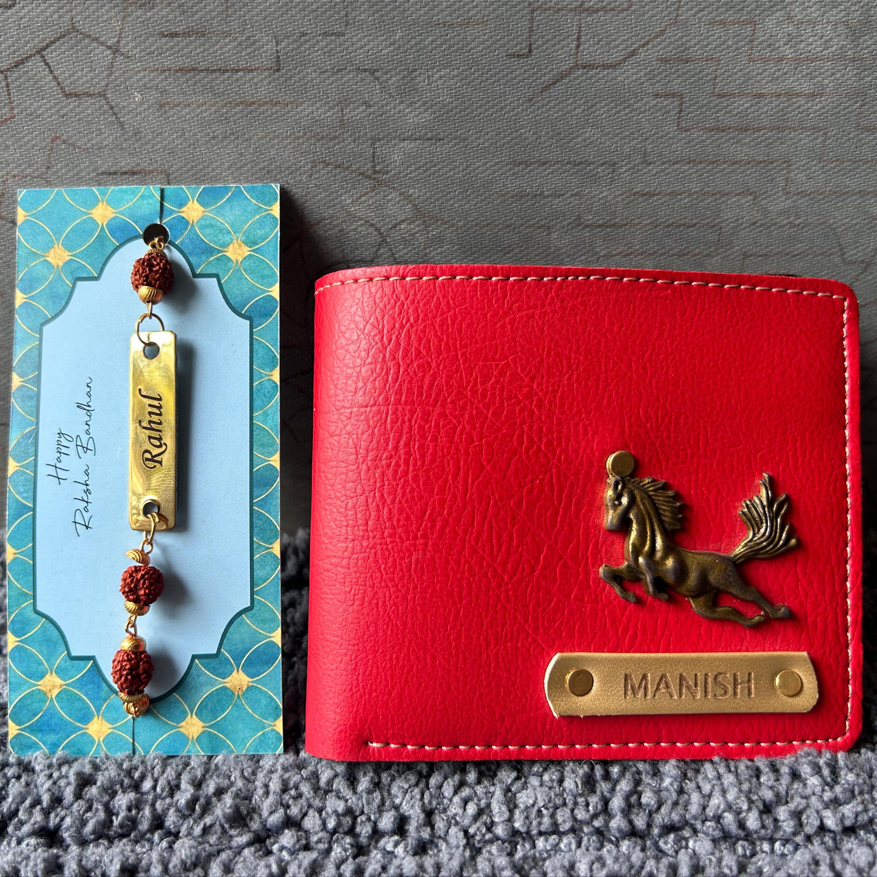 Red wallet with a horse emblem and 'Manish' branding on a textured surface.