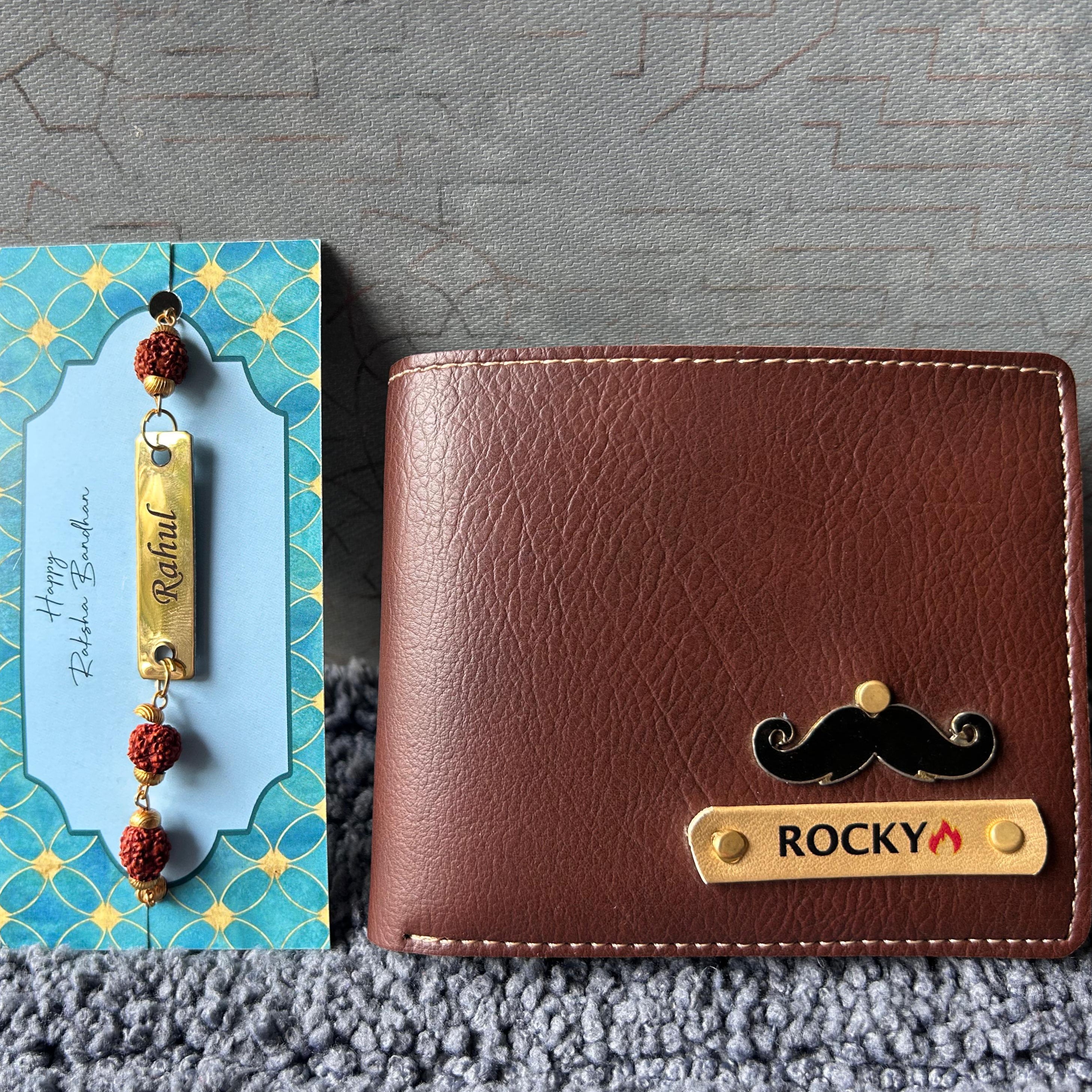 Brown wallet with mustache design and 'Rocky' branding on a textured surface
