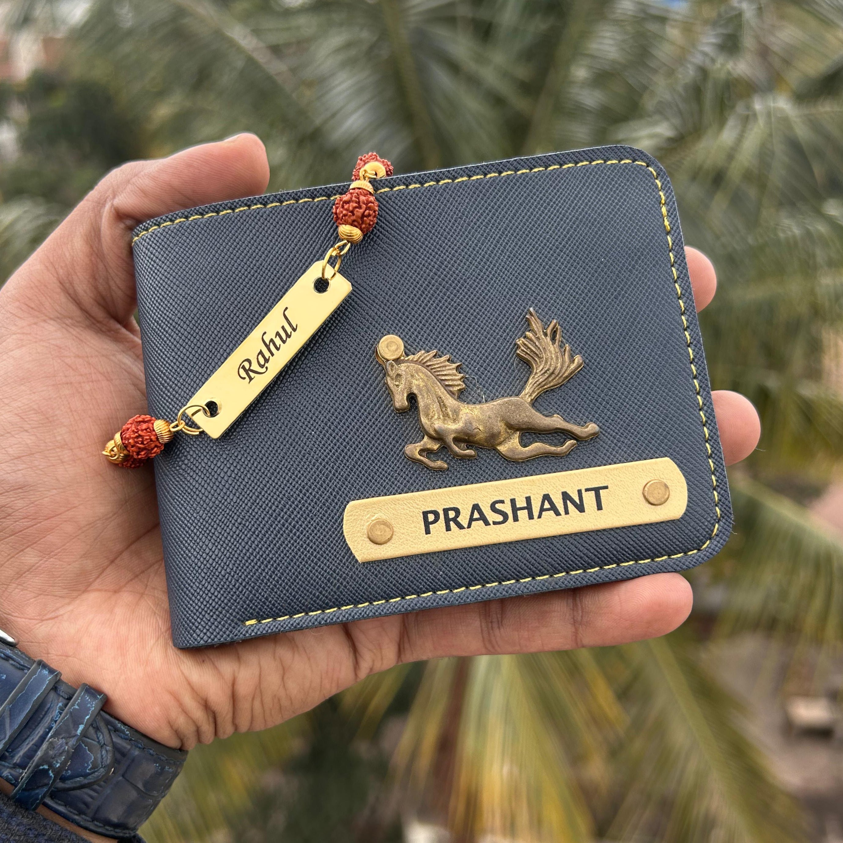 Personalised Saffiona Premium Men wallet & Rudraksh Rakhi - Raksha Bandhan Special - The Gifting Era - raksha bandhan gift for brother, personalised wallet with rakhi, saffiona men’s wallet, rakhi gift under 300, rudraksh rakhi combo, customised rakhi gift online, rakhi gift set for bhaiya, rakhi wallet combo, name wallet for men, rakhi gift with free shipping