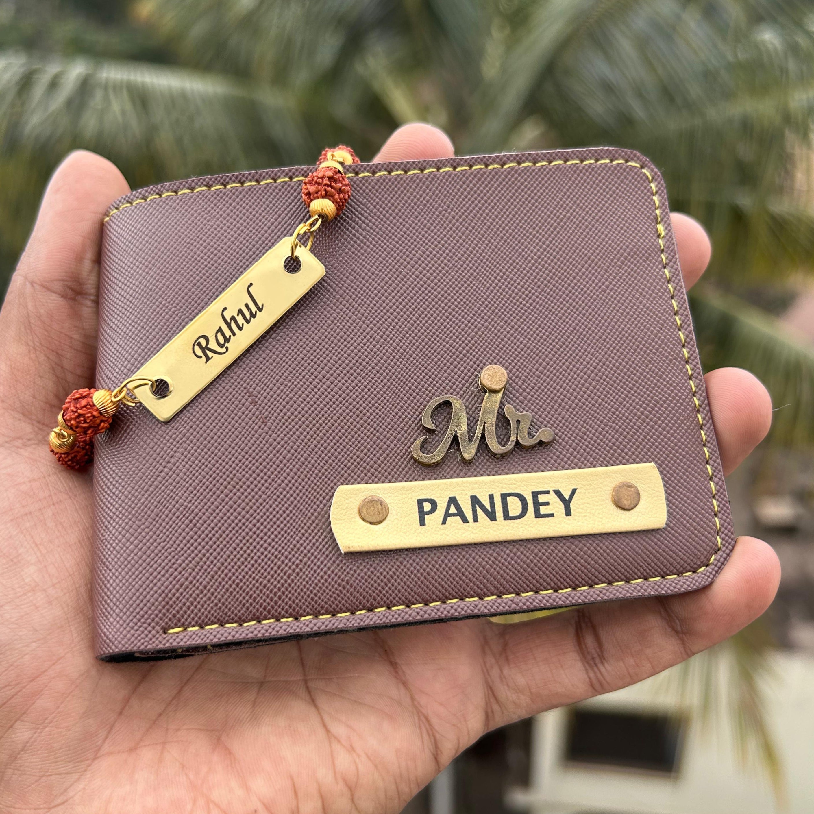 Personalised Saffiona Premium Men wallet & Rudraksh Rakhi - Raksha Bandhan Special - The Gifting Era - raksha bandhan gift for brother, personalised wallet with rakhi, saffiona men’s wallet, rakhi gift under 300, rudraksh rakhi combo, customised rakhi gift online, rakhi gift set for bhaiya, rakhi wallet combo, name wallet for men, rakhi gift with free shipping