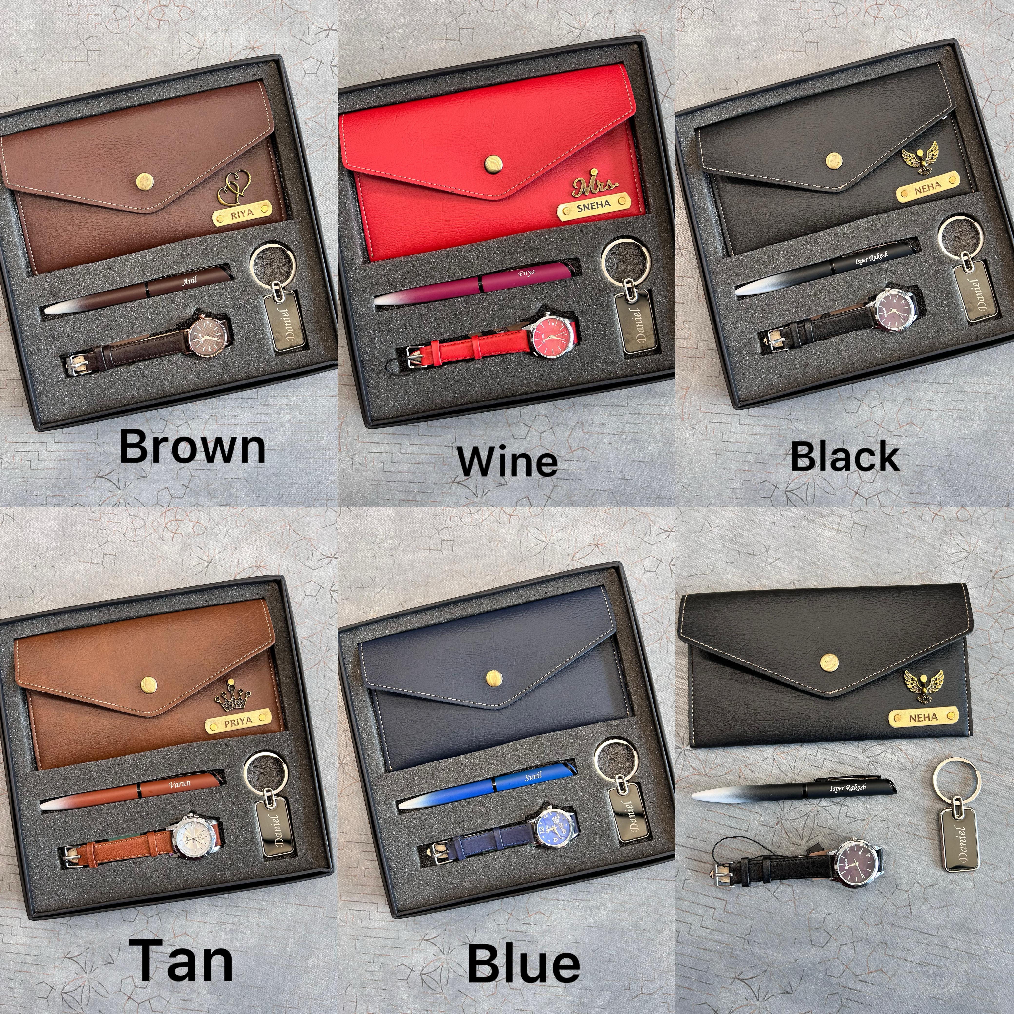 Set of leather accessories including wallets, pens, watches, and keychains in various colors on a gray background.