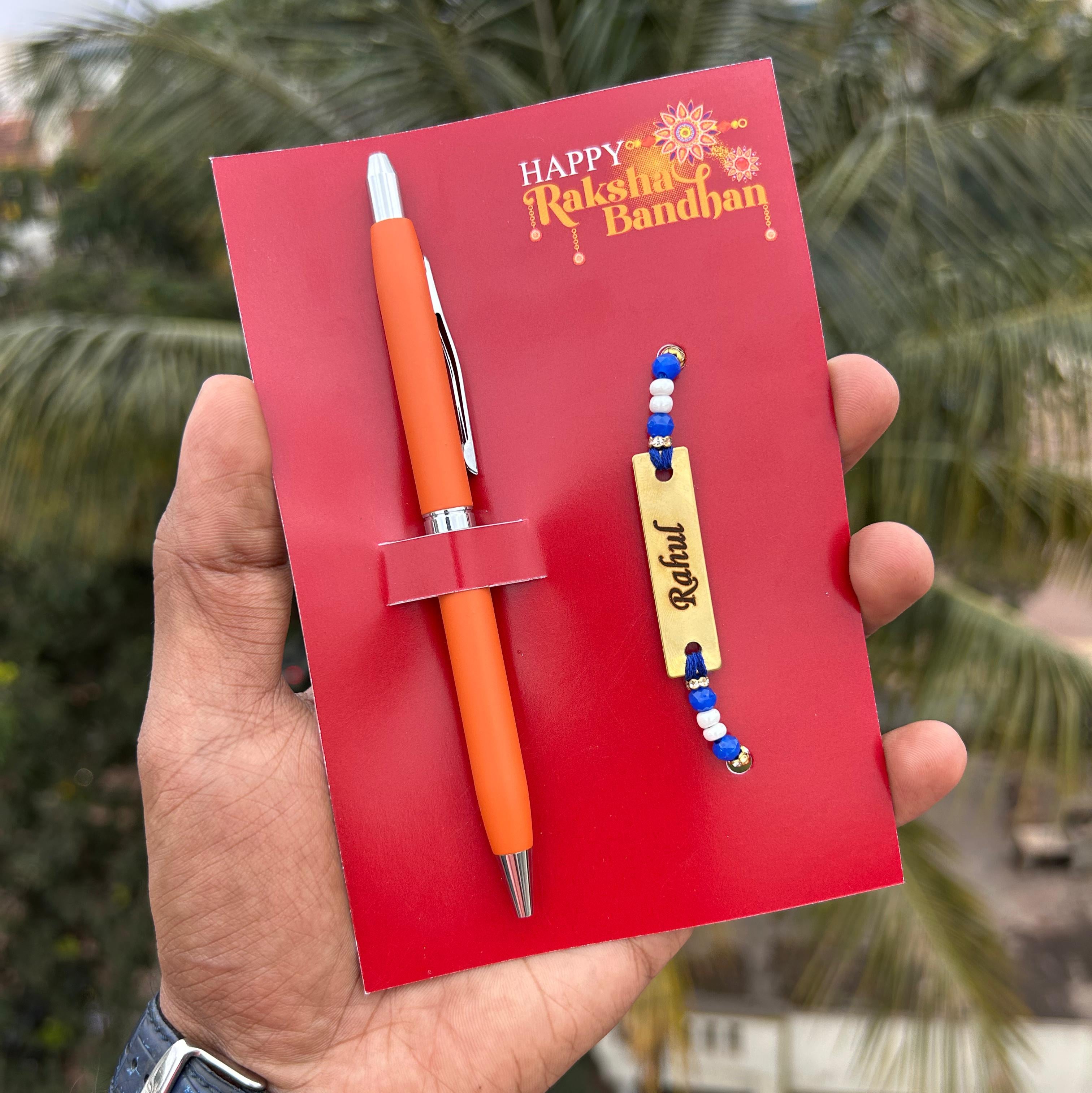 Personalised Turbo pen & Rakhi Combo - Raksha Bandhan gift for brother, personalised rakhi combo, rakhi gift with name, rakhi with pen set, customised rakhi gift online, rakhi combo under 500, turbo pen gift set, rakhi gift for school brother, rakhi packaging card, rakhi 2025 ideas for brother