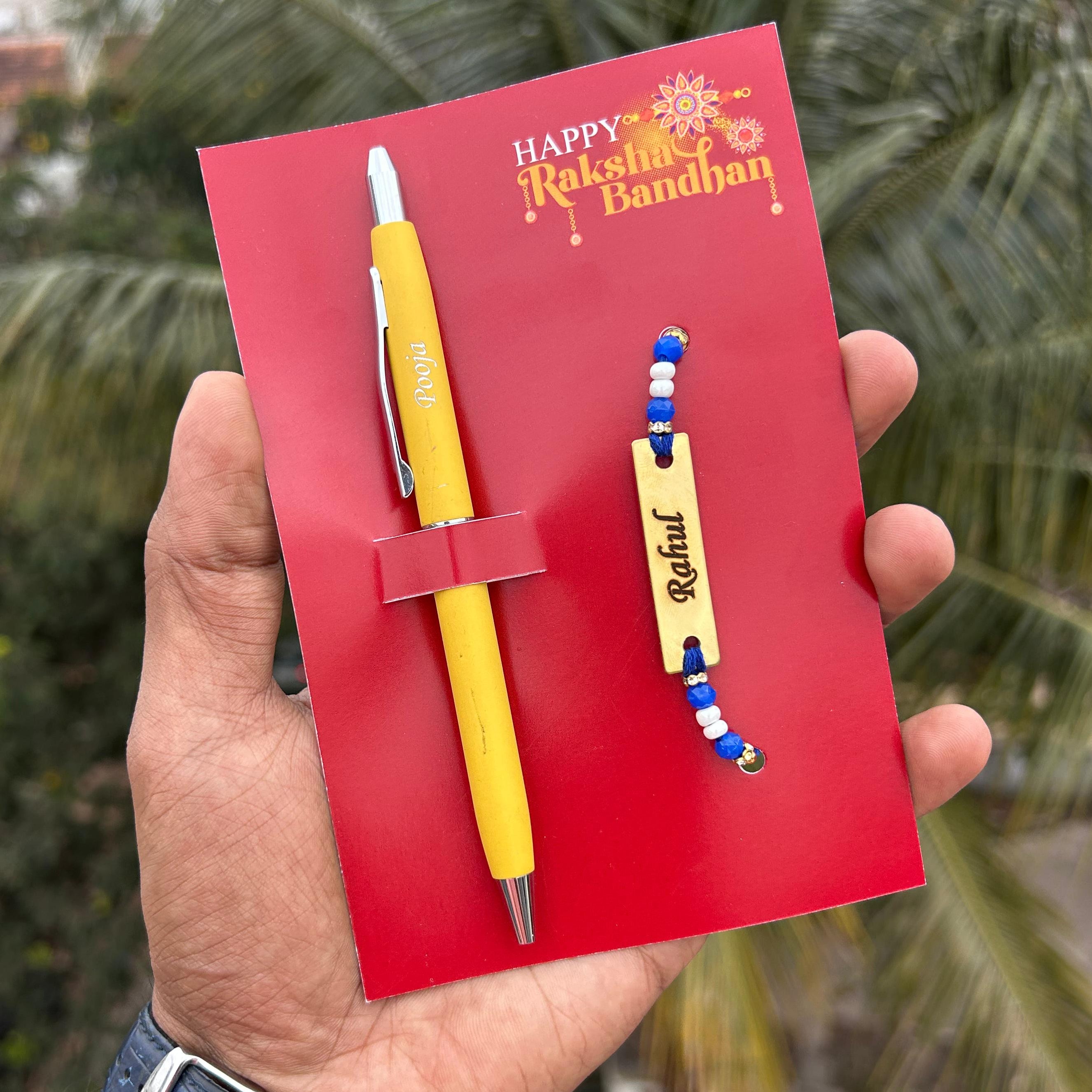 Personalised Turbo pen & Rakhi Combo - Raksha Bandhan gift for brother, personalised rakhi combo, rakhi gift with name, rakhi with pen set, customised rakhi gift online, rakhi combo under 500, turbo pen gift set, rakhi gift for school brother, rakhi packaging card, rakhi 2025 ideas for brother