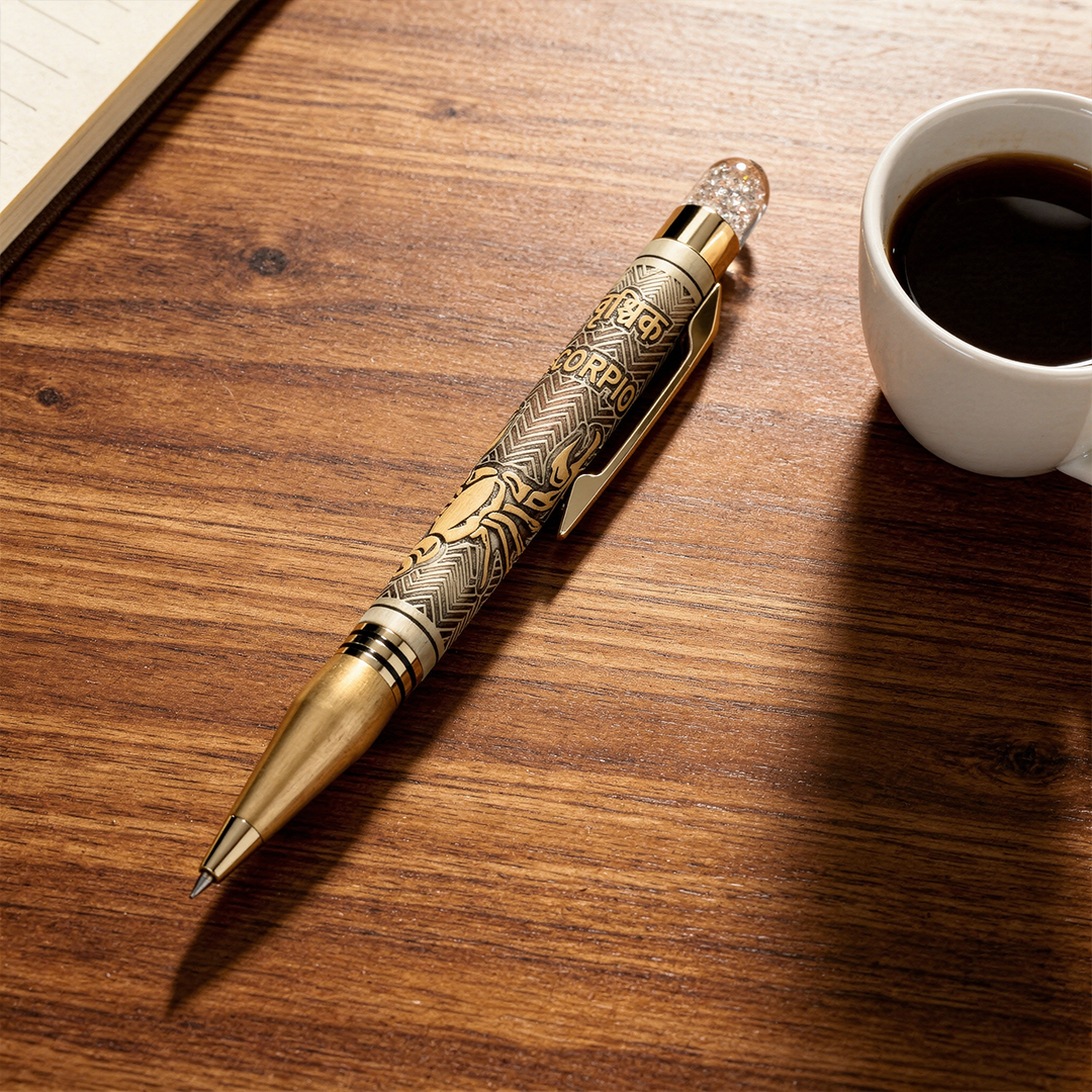 Personalised Scorpio / वृश्चिक Zodiac Engraved Premium Metal Twist Ball Pen with Crystal Top - The Gifting Era