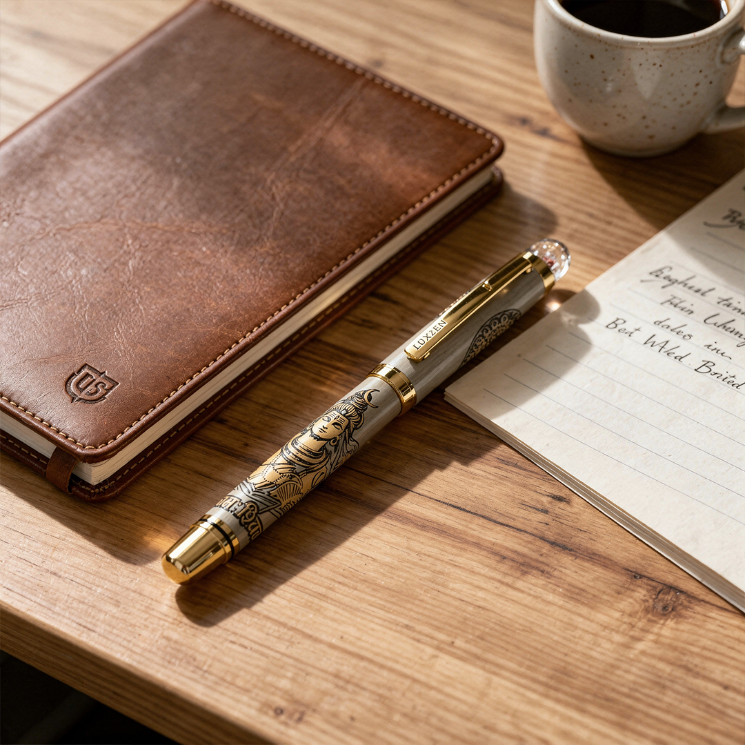 Personalised Sacred Lord Shankar Mahadev Metal Roller Pen with Rudraksh Bead Embed - The Gifting Era