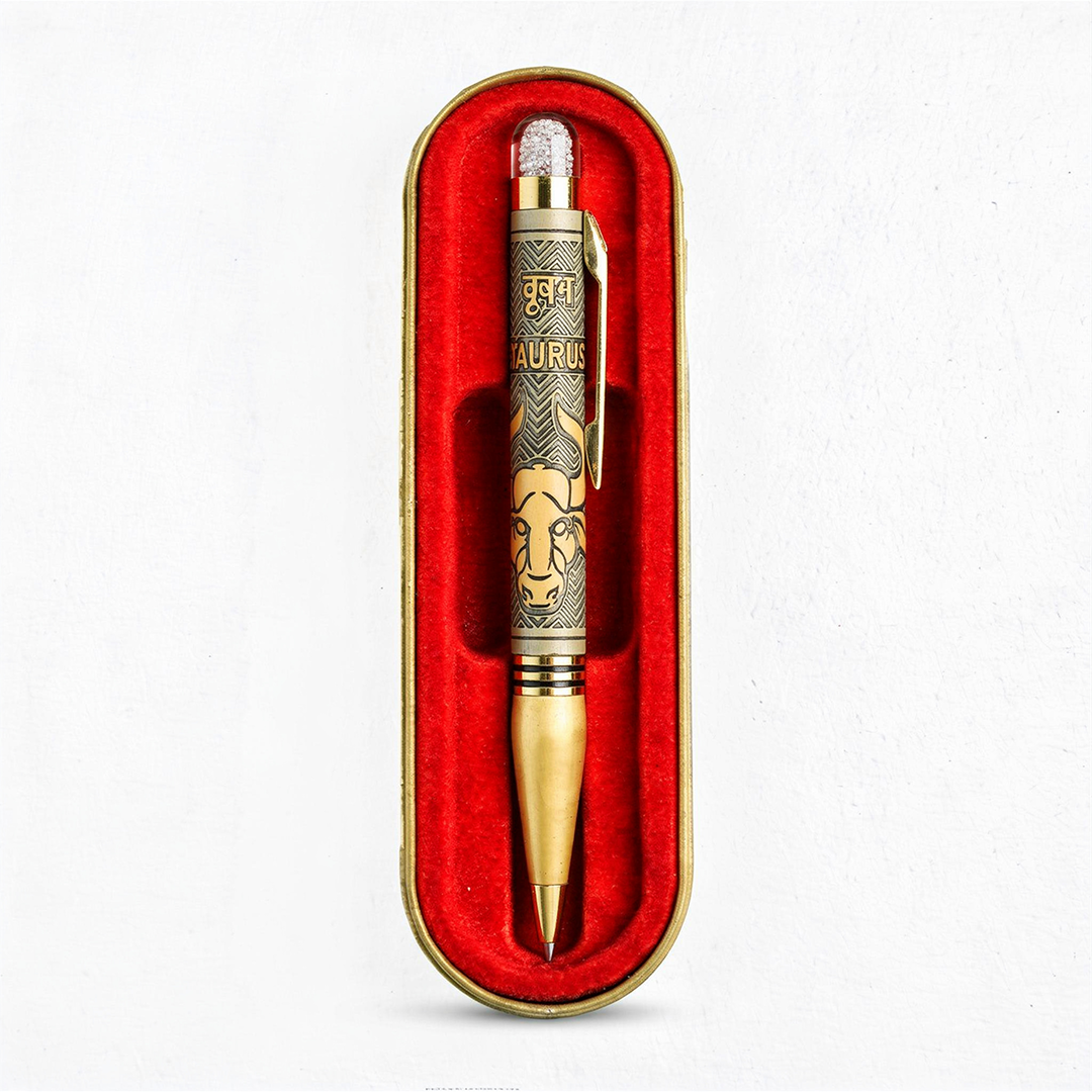 Personalised Taurus / वृषभ Zodiac Engraved Premium Metal Twist Ball Pen with Crystal Top - The Gifting Era