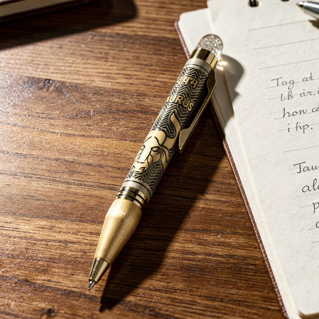 Personalised Taurus / वृषभ Zodiac Engraved Premium Metal Twist Ball Pen with Crystal Top - The Gifting Era