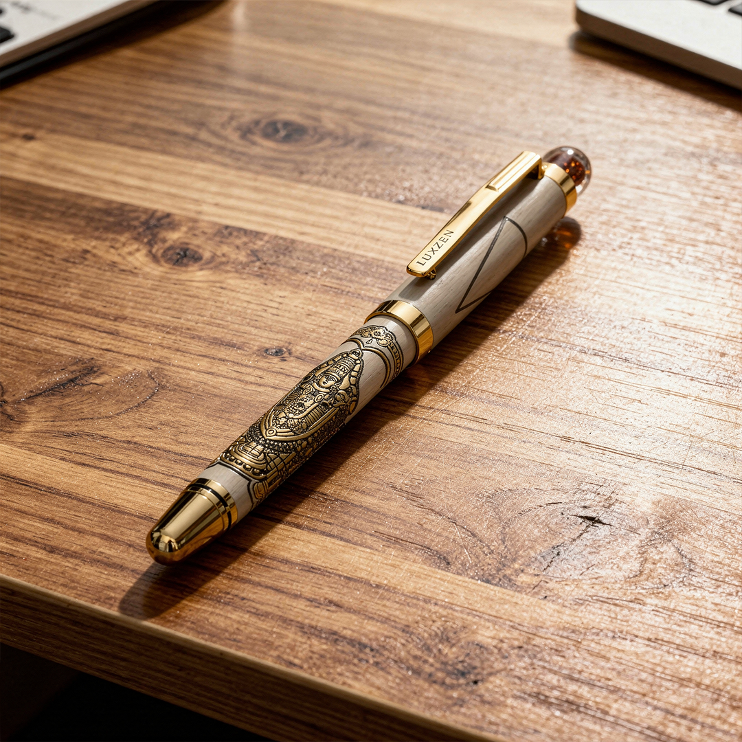 Personalised Sacred Lord Tirupati Balaji Metal Roller Pen with Rudraksh Bead Embed - The Gifting Era