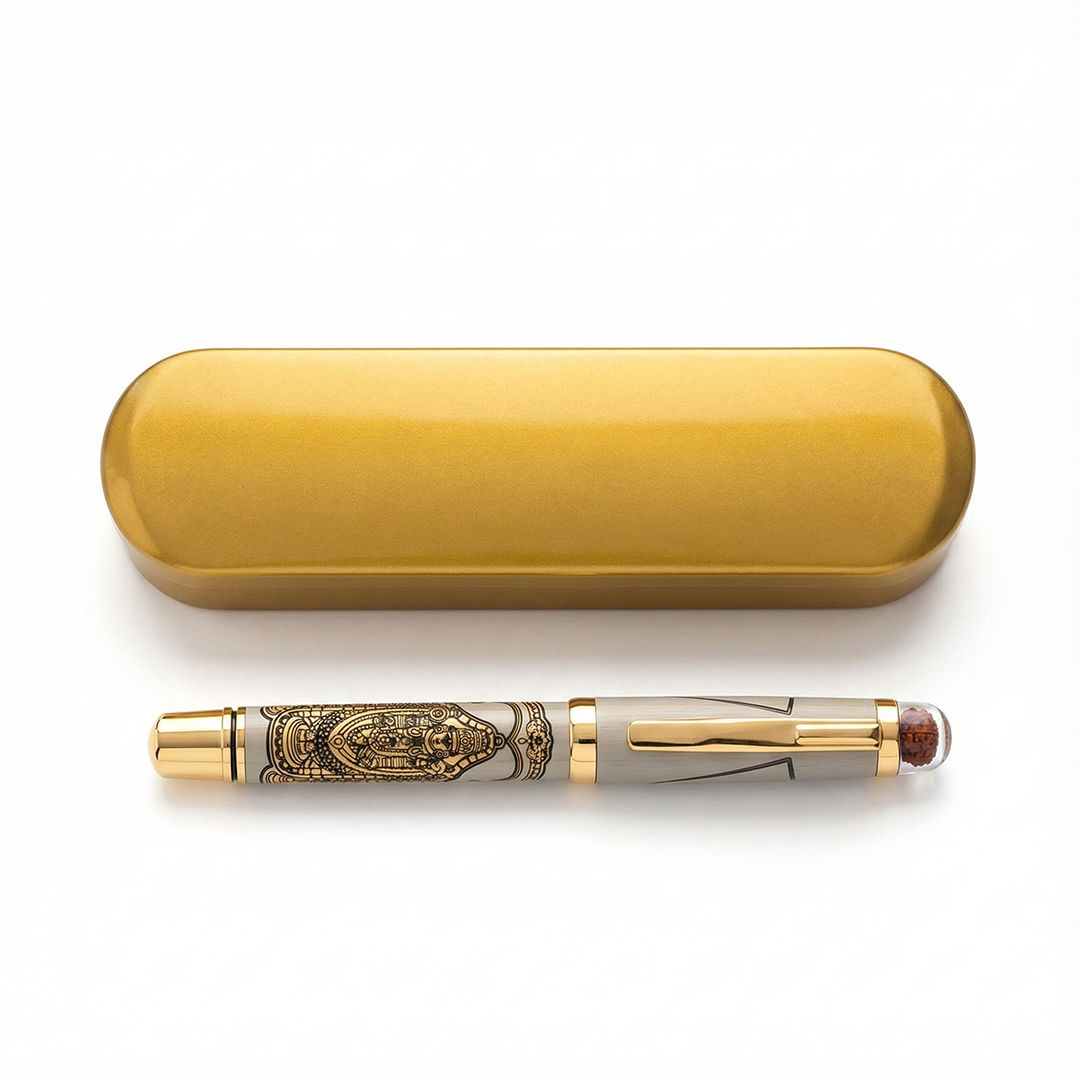 Personalised Sacred Lord Tirupati Balaji Metal Roller Pen with Rudraksh Bead Embed - The Gifting Era